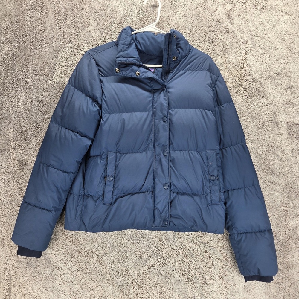 Patagonia Jacket Womens Medium Blue Silent Down Puffer Collared Full Zip